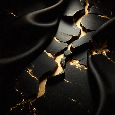 The primary subject of the image is a black and gold fabric with a cracked and peeling appearance. The setting is a dark room, and the visual style is a close-up of the fabric. The colors and mood of the image are dark and dramatic, with the gold accents adding a touch of warmth to the overall atmosphere.